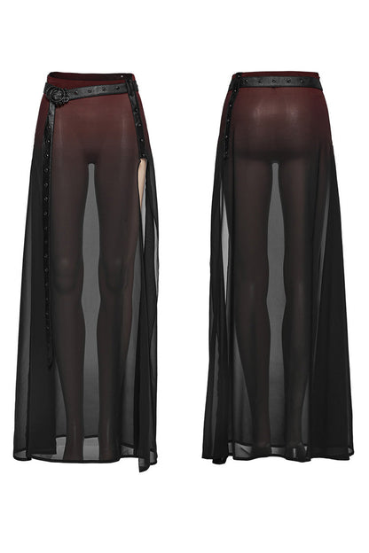 Crimson & Charcoal Studded Asymmetrical Goth Midi Skirt with Waist Chain