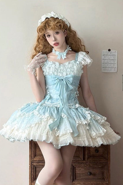 Emerald Short Sleeve Multi-Layer Ruffle Embroidery Bow Lace-Up Sweet Elegant Ballet Lolita Jumper Dress