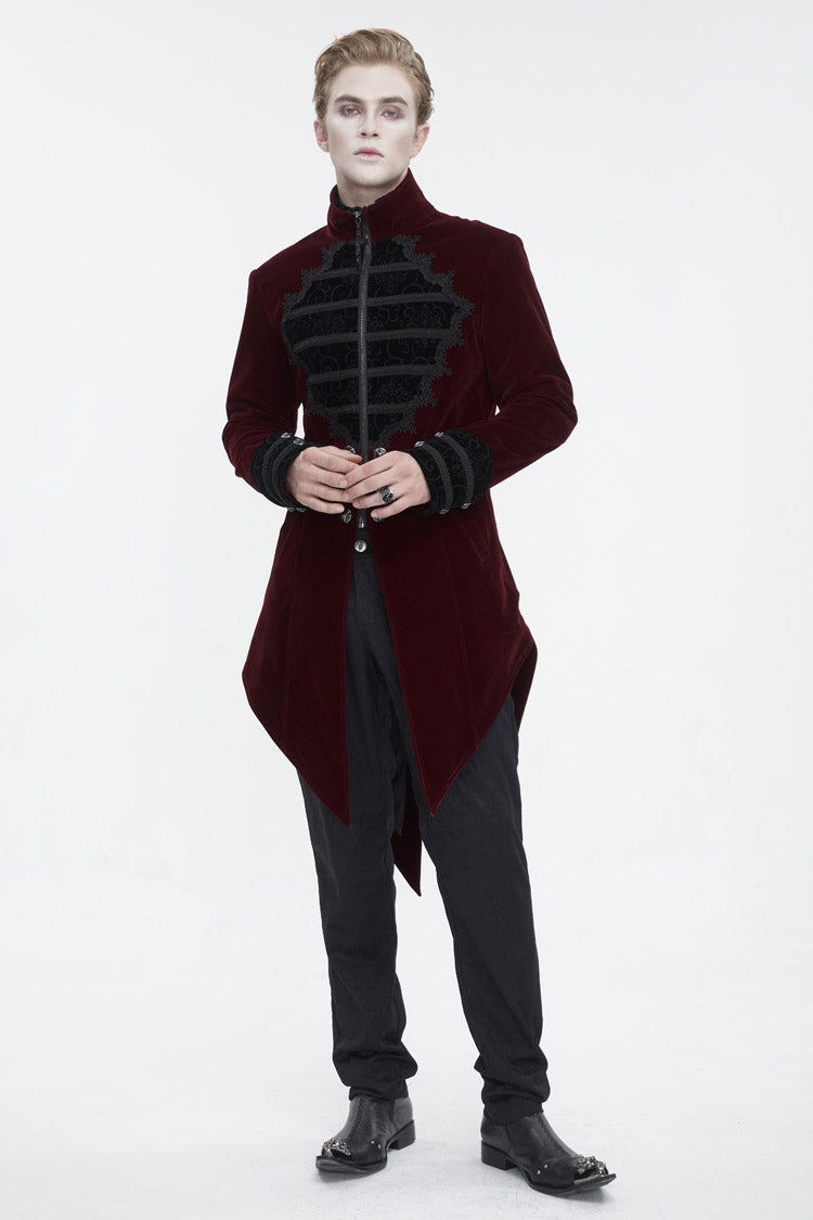 Crimson High-Neck Gothic Coat with Lace Panels and Swallowtail Back