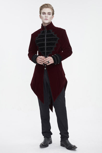 Crimson High-Neck Gothic Coat with Lace Panels and Swallowtail Back