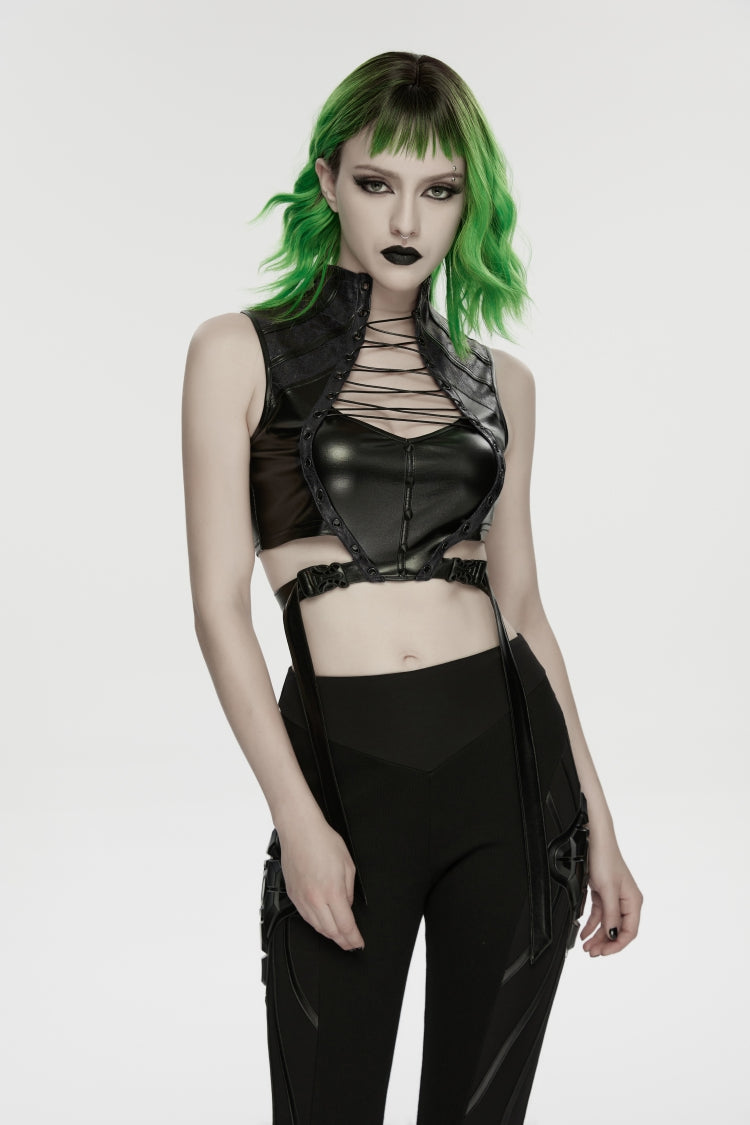 Women's Black Punk Crop Vest, Slim with Straps and Studs
