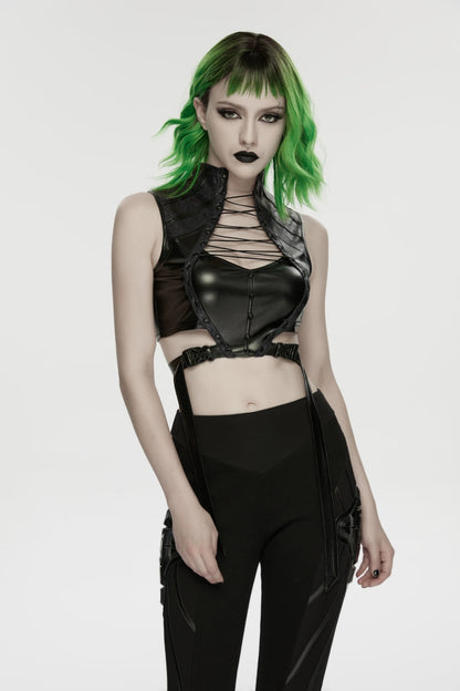 Women's Black Punk Crop Vest, Slim with Straps and Studs