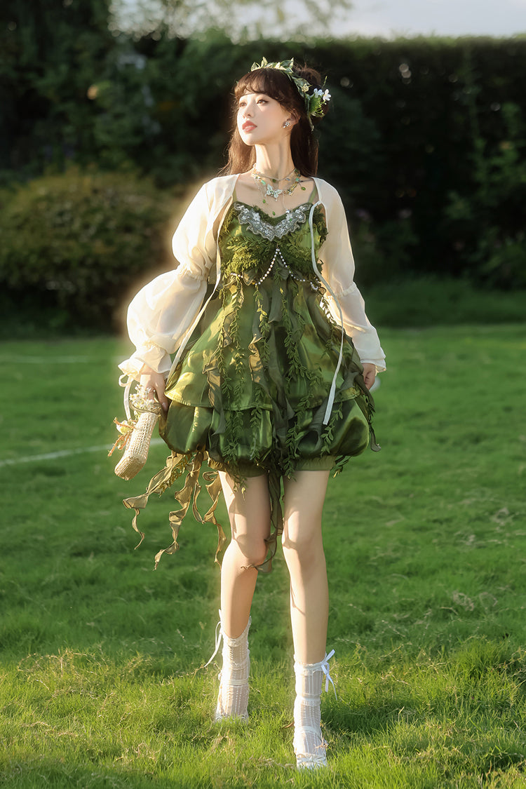 Emerald Leaf Decoration Ruffle Asymmetric Sweet Lolita Jumper Dress Set