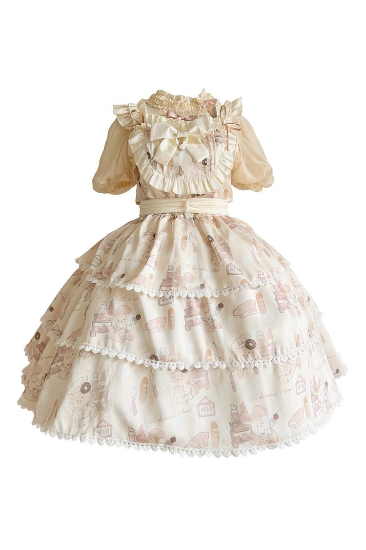 Plus Size Sweet Lolita JSK Gown with Triple-Layer Ruffles & Printed Bow