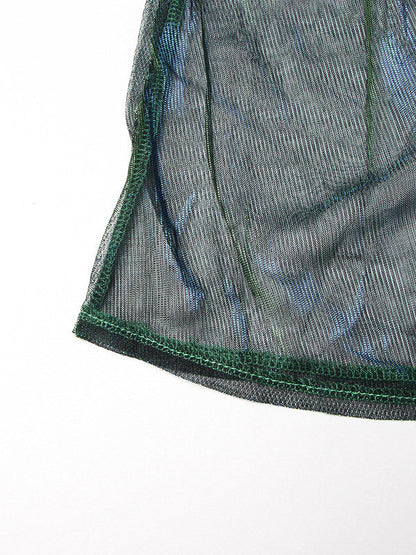 Jupe trapèze en tulle bleu vert avec patchwork en jean et ceinture TT1038 