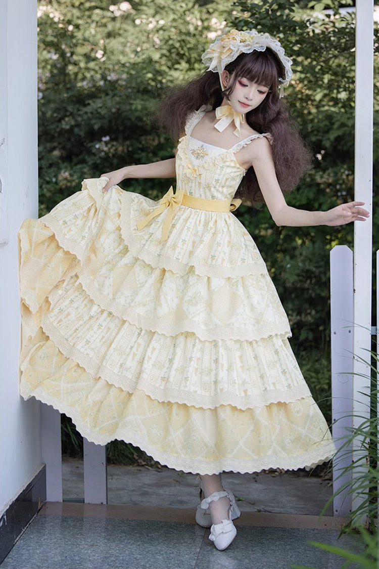 Multi-Layer Sunflower Print Ruffle Embroidery Chinese Sweet JSK