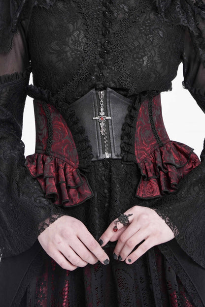 Crimson & Charcoal Spliced Lace Laced Slim Zippered Goth Palace Corset
