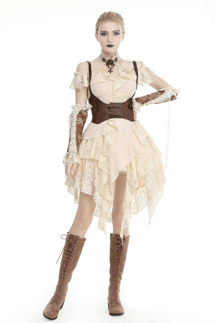 Steampunk Vintage Women's Dress with Irregular Ruffled Lace Layers, Cream