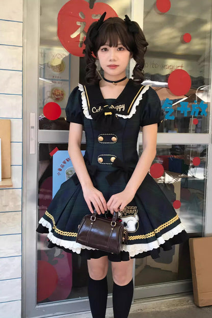 Azure Dalmatian Print Short Sleeve Ruffle Bow Slim Sweet Lolita Gown