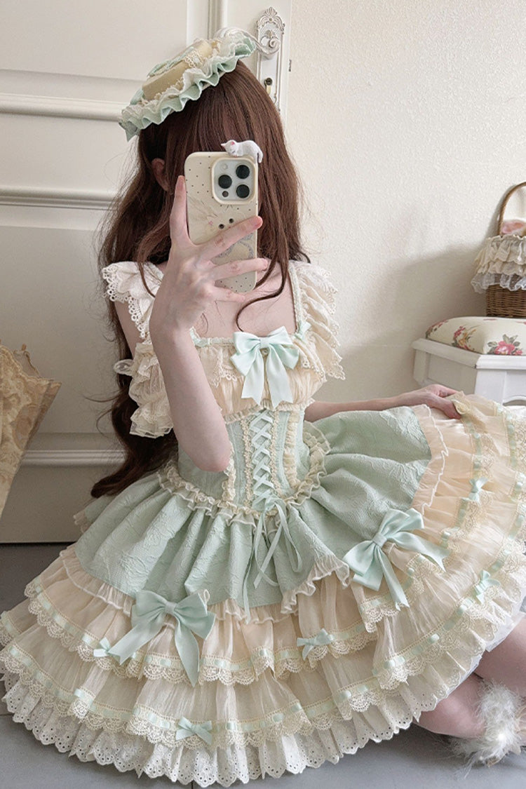 Emerald Double-Layer Ruffle Bow Lace Lace-Up Sweet Ballet Lolita Jumper Dress
