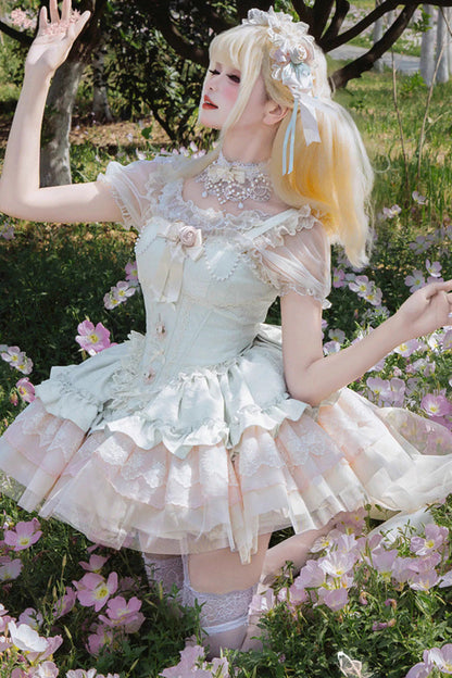 Emerald Sleeveless Multi-Layer Ruffle Bow Lace Slim Sweet Ballet Lolita Jumper Dress