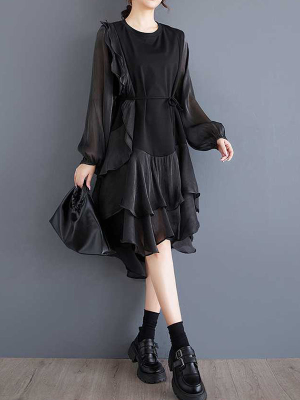 Chic Black Round-Neck Patchwork Contrast Color Ruffle Trim High-Low Long Sleeve Dress TW019