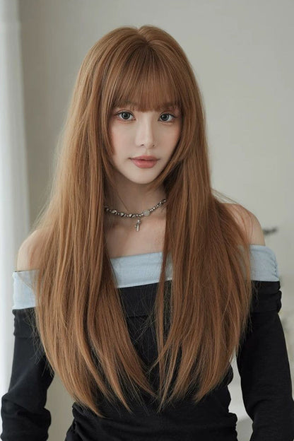 Korean Idol Face-Framing Hime Cut Long Straight Wig with Full Bangs in Mocha Mousse