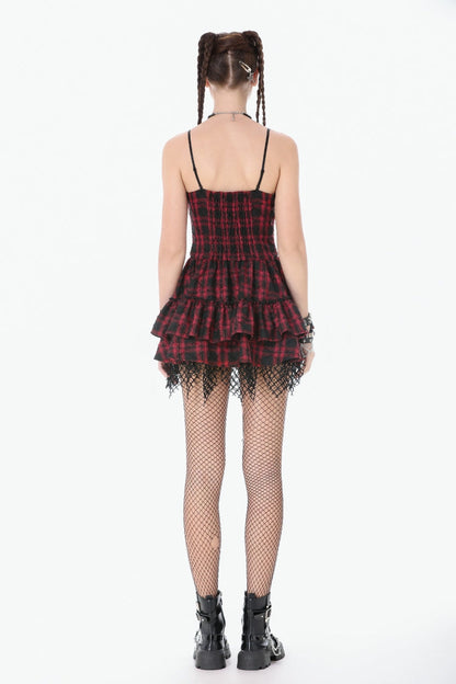 Crimson & Charcoal Tartan Leather Multi-Tier Ruffled Punk Sweetcore Slip Dress