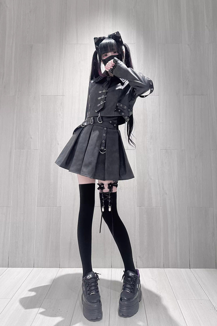 Japanese Handsome Top and Skirt Set with Studded Eyelet in Black