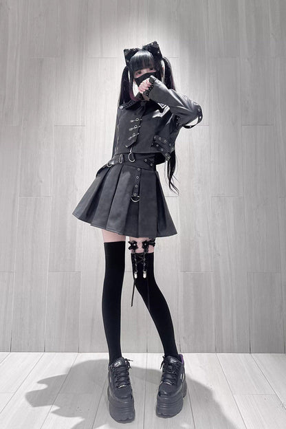 Japanese Handsome Top and Skirt Set with Studded Eyelet in Black