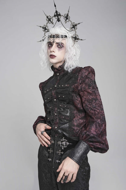 Crimson & Obsidian Stand Collar Long Lantern Sleeves Floral Print Embroidery Gothic Blouse