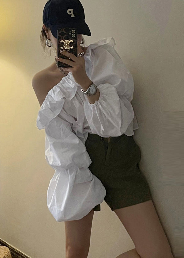 Cold Blouse Puff Sleeve French Shoulder Cotton White Top