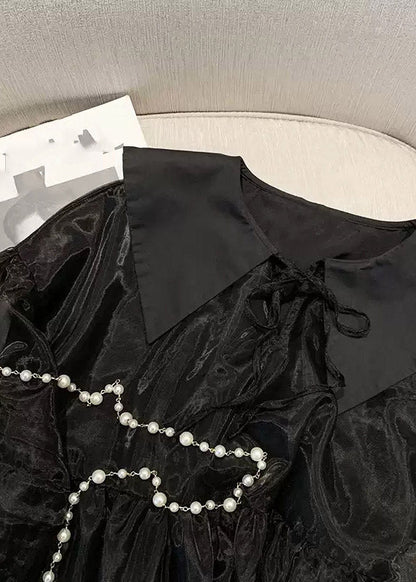 Long Neck Mid V Dresses French Tulle Patchwork Black Sleeve