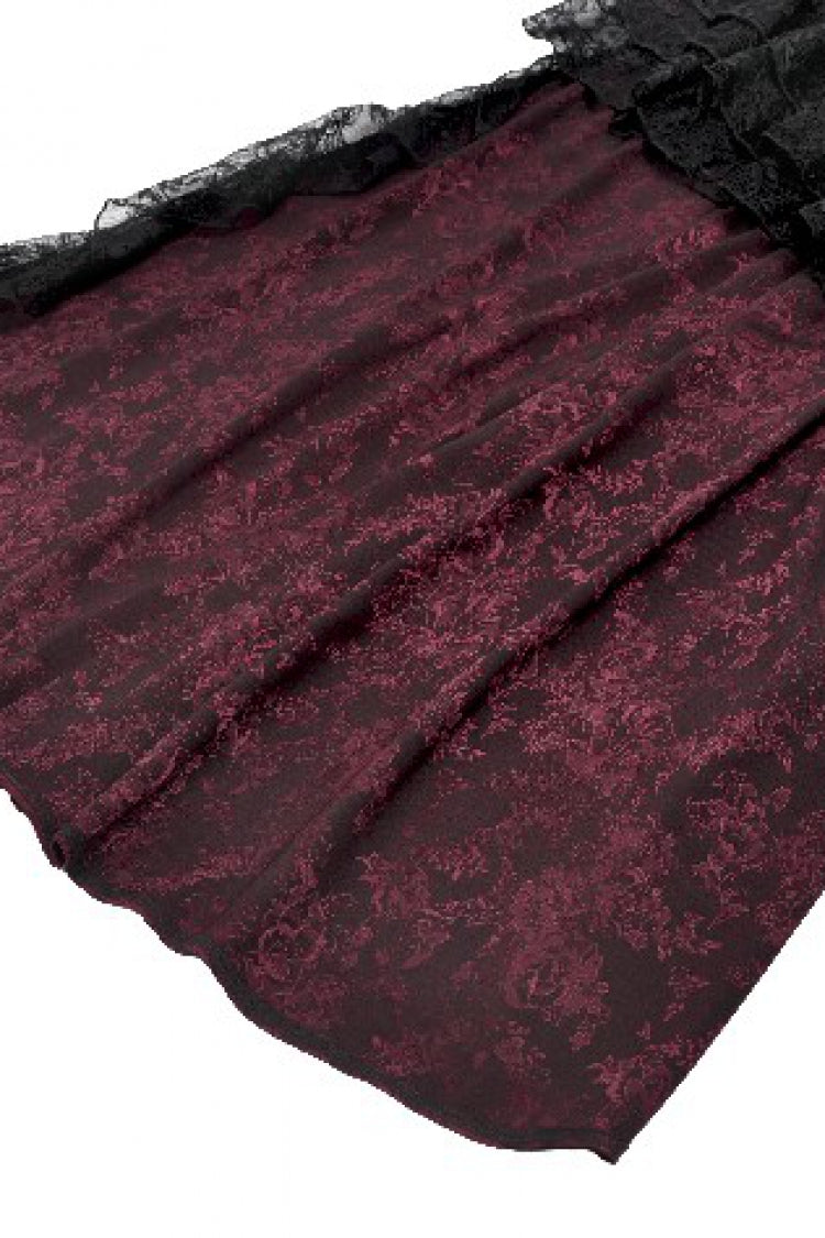 Crimson & Charcoal Rose Layered Tulle Ruffled Goth Evening Gown