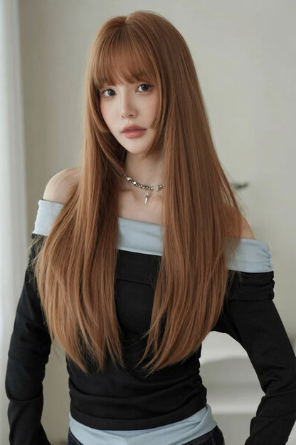 Korean Idol Face-Framing Hime Cut Long Straight Wig with Full Bangs in Mocha Mousse