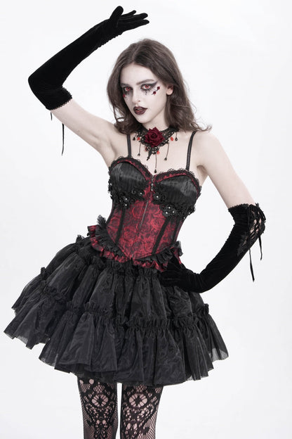 Crimson Gothic Tank Top with Lace-Up Embroidery and Ruffle Trim