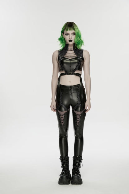 Women's Black Punk Crop Vest, Slim with Straps and Studs