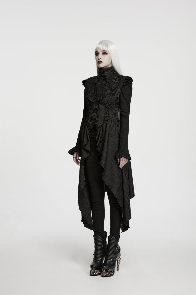 Women's Black Gothic Vest, Jacquard Cut-Out with Lace-Up and Asymmetric Design