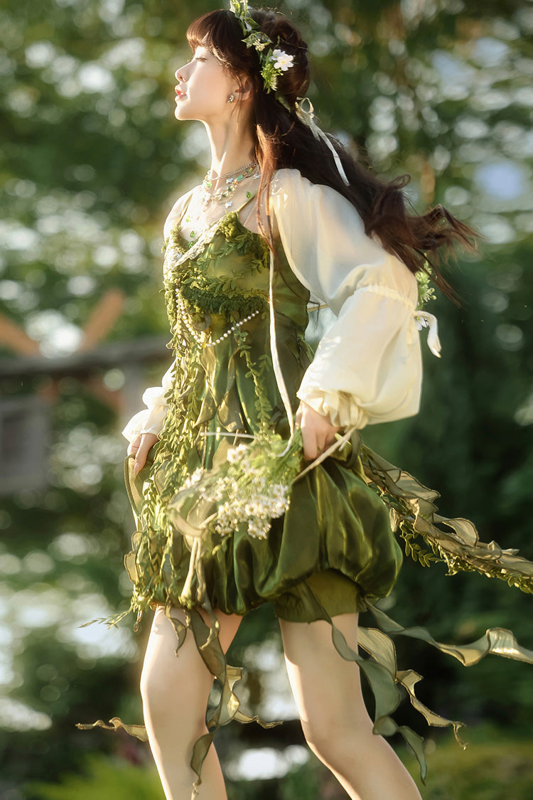 Emerald Leaf Decoration Ruffle Asymmetric Sweet Lolita Jumper Dress Set