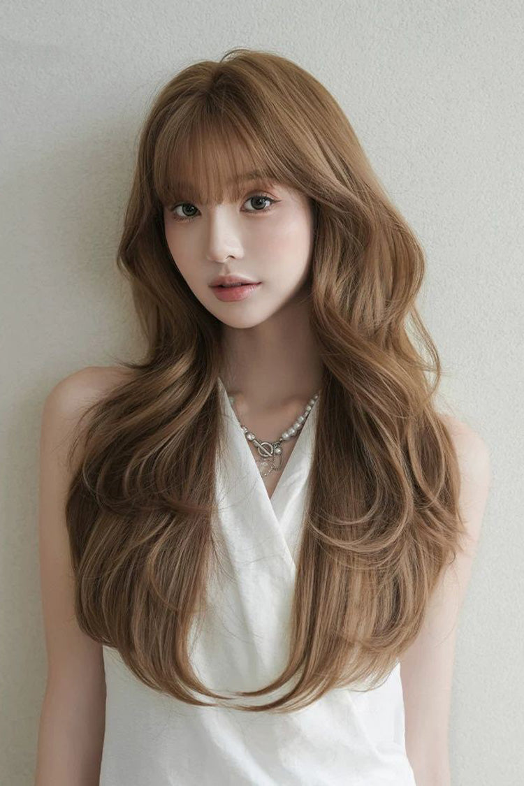 Coffee Milky Korean High-Layered Wavy Lolita Wig with Air Bangs