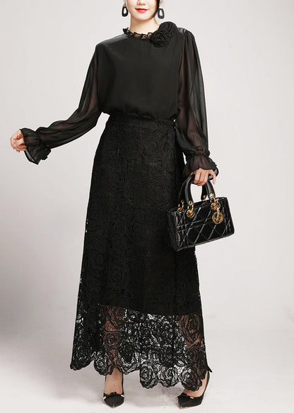 Black Lace Shirts And Maxi Skirts Two Pieces Set V Neck Long Sleeve AO1042