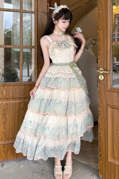 Emerald Lilac Thoughts Gradient Layered Ruffle Bow Lace Dress Set