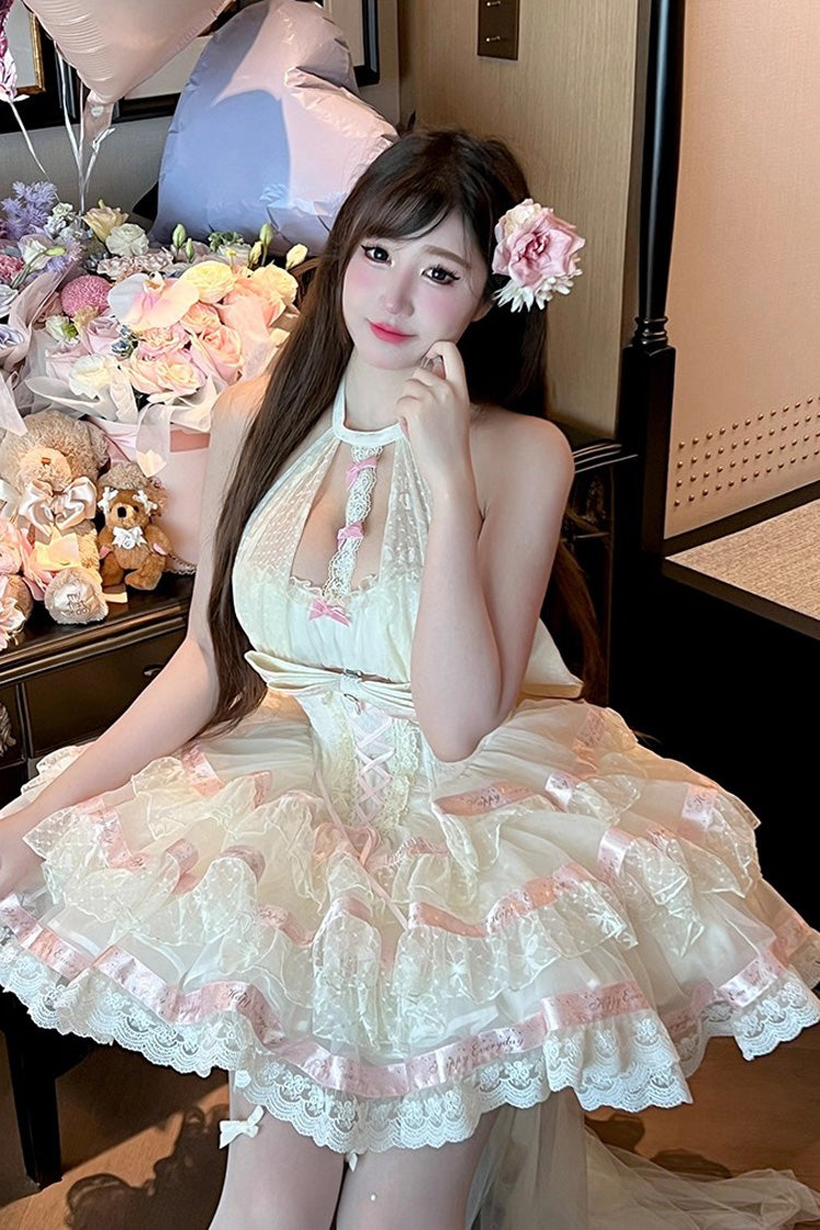 Sweet Princess Lolita Frocks with Halterneck Ruffles & Lace-Up Bows in Cream