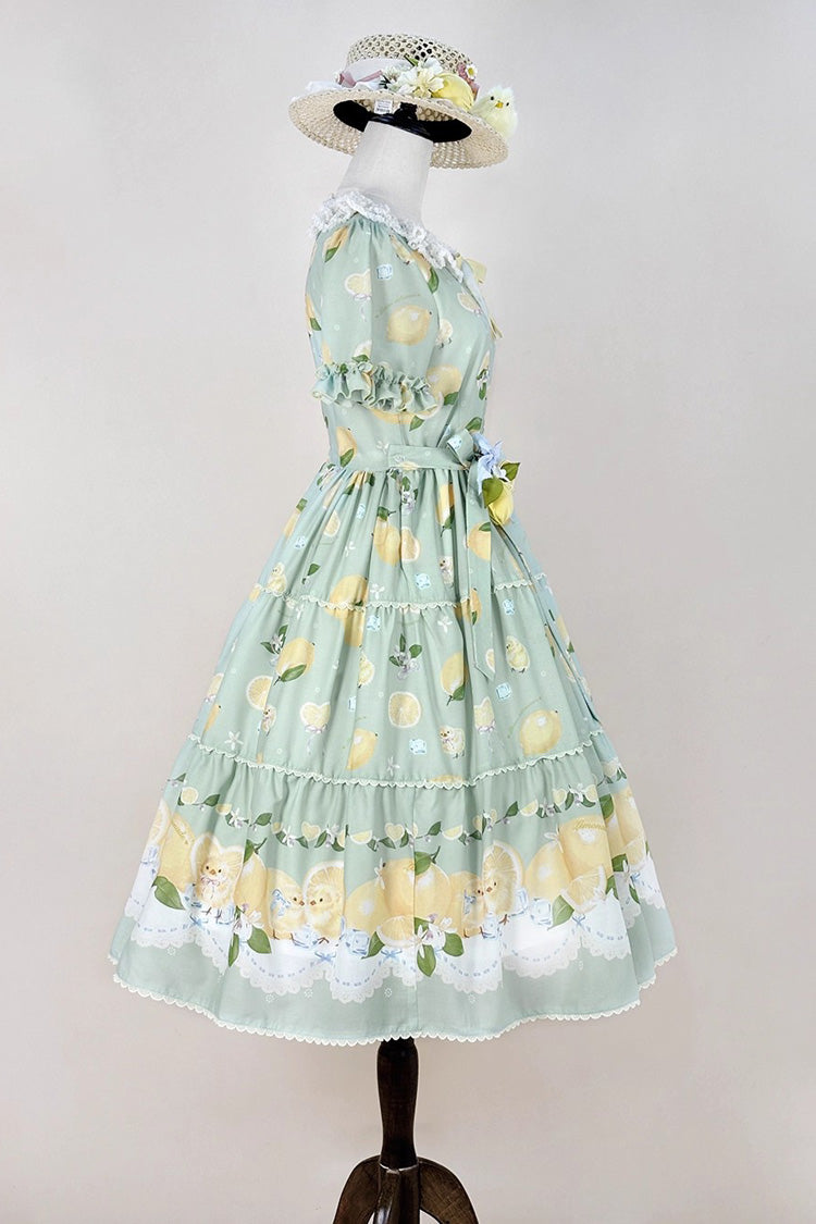 Emerald Lemon Chicken Short-Sleeve Ruffle Bow Daily Sweet Dress