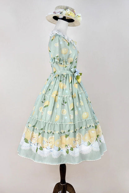 Emerald Lemon Chicken Short-Sleeve Ruffle Bow Daily Sweet Dress