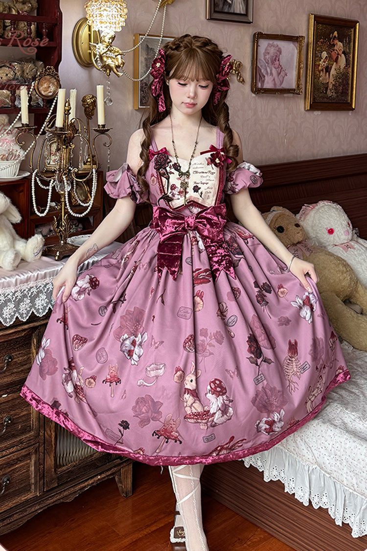 Crimson Sleeveless Sweet Lolita JSK with Rabbit and Sunflower Print