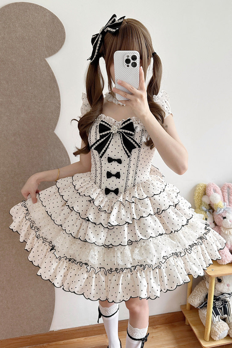 Sweet Princess Lolita JSK Gown with Polka Dots, Ruffles & Sleeveless Bow