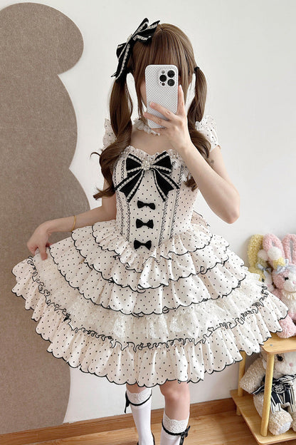 Sweet Princess Lolita JSK Gown with Polka Dots, Ruffles & Sleeveless Bow