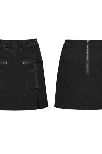 Zippered Skull Embroidered Big Pocket Punk Skirt for Women