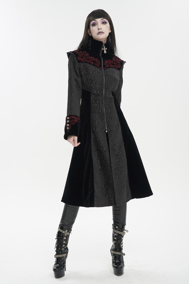Embroidered Metal Cross Mushroom Buckle Studded Gothic Women's Coat in Black Jacquard