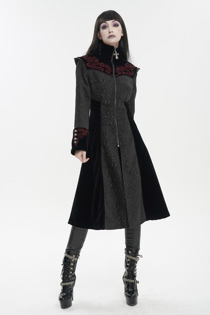 Embroidered Metal Cross Mushroom Buckle Studded Gothic Women's Coat in Black Jacquard