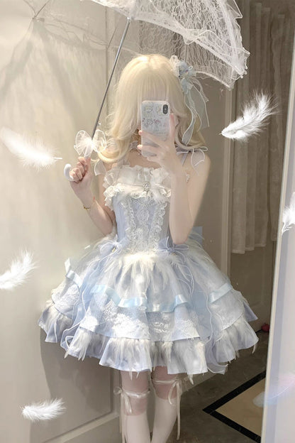 Ballet-Inspired Multi-Layer Ruffle JSK Dress with Bowknot in Three Hues - EtherealGrace