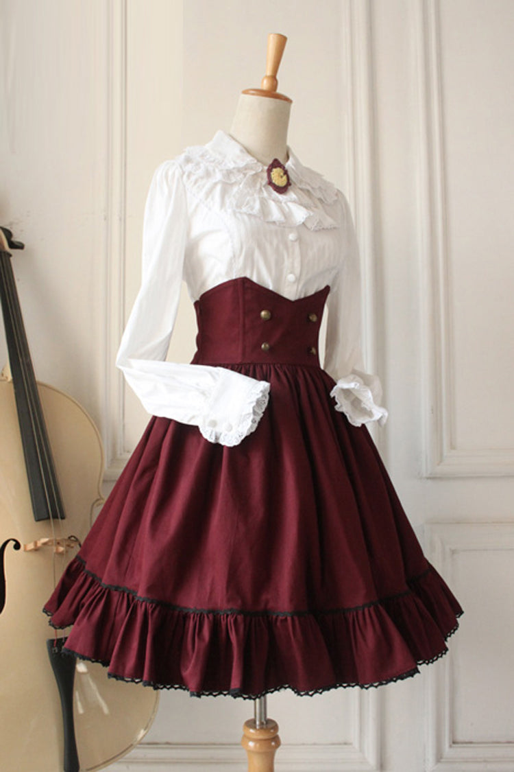 Gothic Lolita Skirt Dress with Fishbone Corset and High Waist in Wine - DarkAcademia