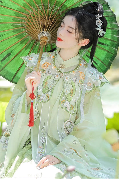 Emerald Ming Dynasty Round Collar Long Sleeve Print Embroidery Sweet Hanfu Outfit