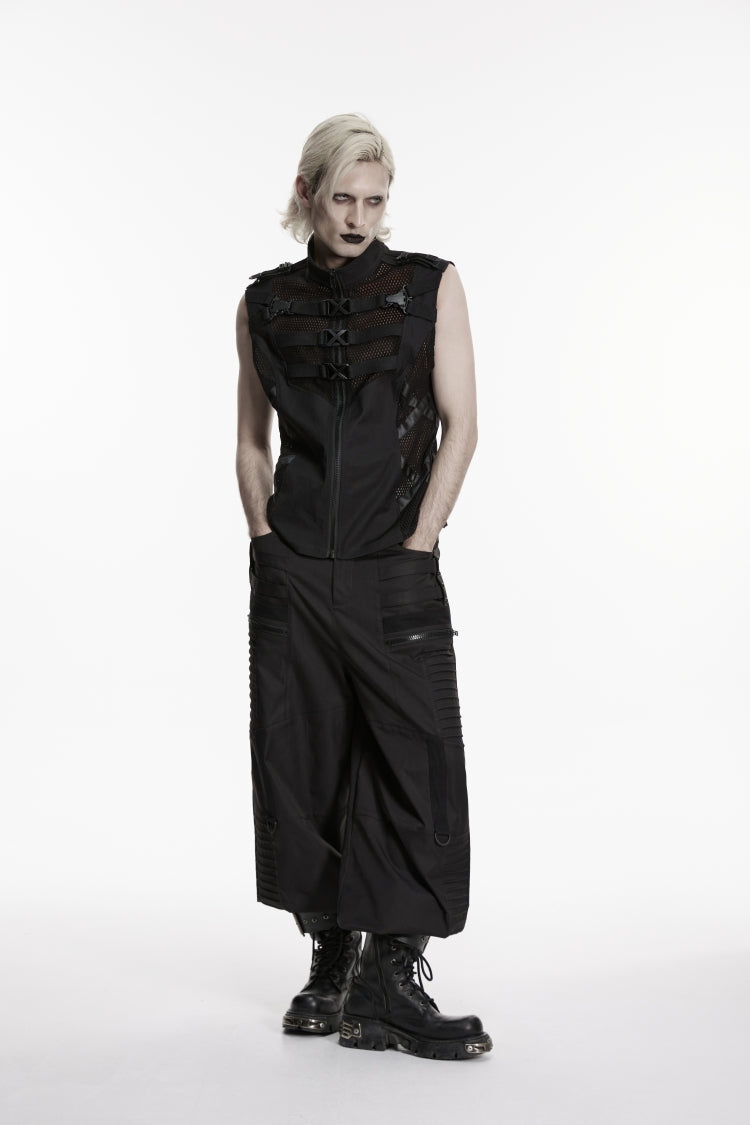 Mesh Cut-Out Punk Vest with Buckles and Eyelets for Men