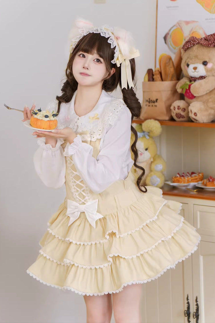 Vintage Cream Puff Sleeveless Triple Ruffle Bow Lace-Up Tiered JSK