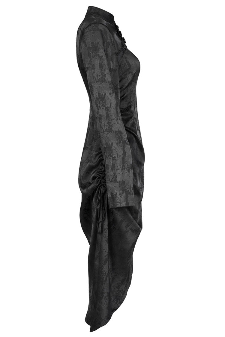 Punk Cheongsam Dress in Black Jacquard Cotton with Pointed Hem and Drawstring