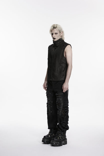 Cool Black Punk Vest for Men, Pleated with Studs and Zippers
