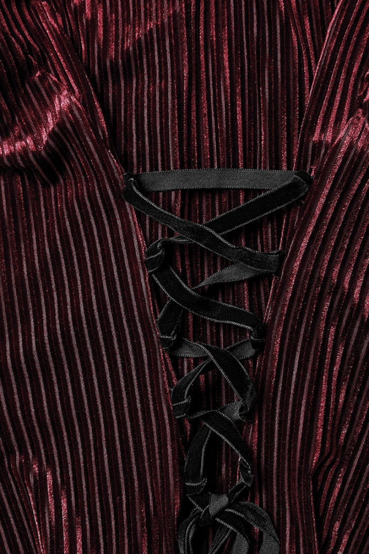 Crimson High-Neck Gothic Floral Lace-Up Blouse with Puffed Sleeves