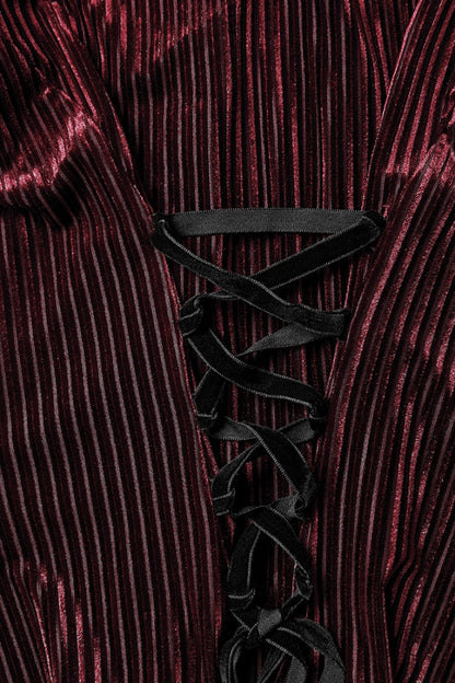 Crimson High-Neck Gothic Floral Lace-Up Blouse with Puffed Sleeves